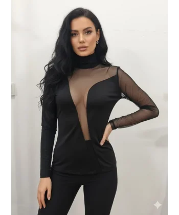 Kadın Uzun Kollu Balıkçı Yaka önü Asimetrik Transparan Detay Bluz