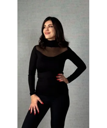 Kadın Uzun Kollu Balıkçı Yaka önü Tül Detay Kaşkorse Kumaş Bluz