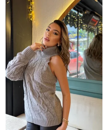 Kadın Uzun Kollu Balıkçı Yaka örgü Detay Tek Kol Triko Kazak