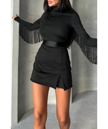 Kadın Uzun Kollu Balıkçı Yaka Püsküllü Kuşaklı Ithal Krep Tulum