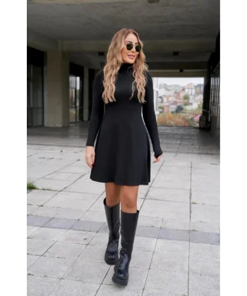 Kadın Uzun Kollu Balıkçı Yaka Salaş Kusa Akrilik Elbise