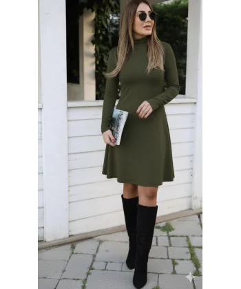 Kadın Uzun Kollu Balıkçı Yaka Salaş Mini Akrilik Elbise