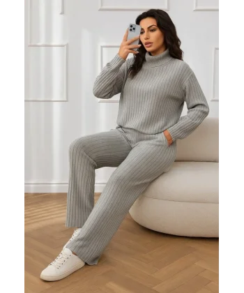 Kadın Uzun Kollu Balıkçı Yaka şardonlu Bluz Ve Pantolon Ikili Takım