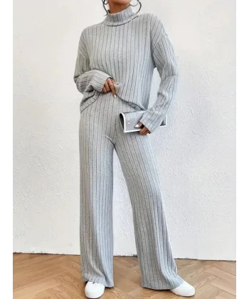 Kadın Uzun Kollu Balıkçı Yaka şardonlu Bluz Ve Pantolon Ikili Takım