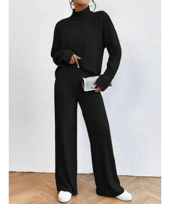 Kadın Uzun Kollu Balıkçı Yaka şardonlu Bluz Ve Pantolon Ikili Takım