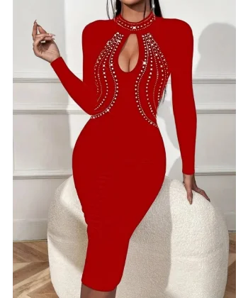 Kadın Uzun Kollu Balıkçı Yaka Taşlı Damla Detay Midi Ithal Krep Elbise