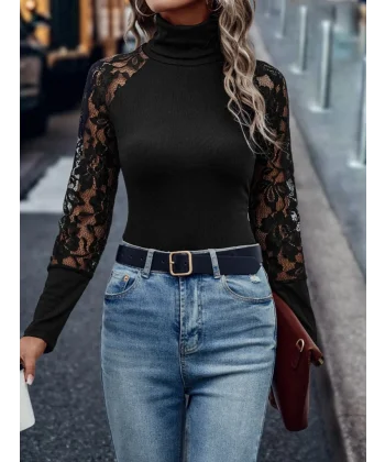 Kadın Uzun Kollu Balıkçı Yaka Tül Detaylı Kaşkorse Bluz