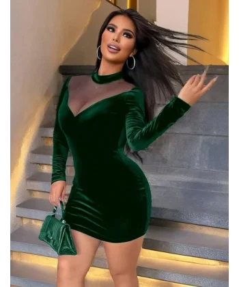 Kadın Uzun Kollu Balıkçı Yaka Tül Detaylı Mini Kadife Elbise