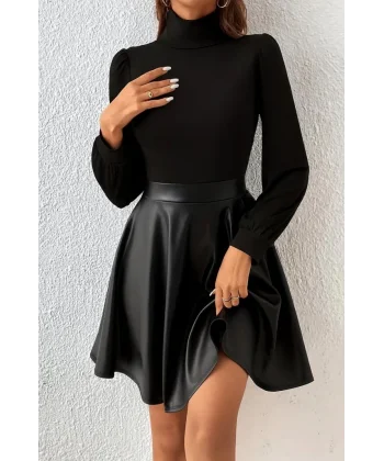 Kadın Uzun Kollu Balıkçı Yaka üst Kaşkorse Alt Deri Detaylı Mini Elbise