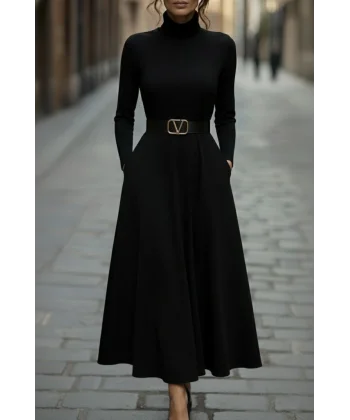 Kadın Uzun Kollu Balıkçı Yaka Uzun Akrilik Elbise