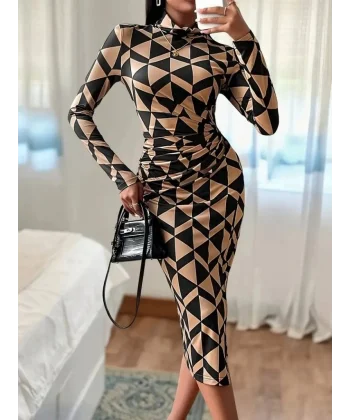 Kadın Uzun Kollu Balıkçı Yaka Yandan Büzgülü Yırtmaçlı Modal Midi Elbise