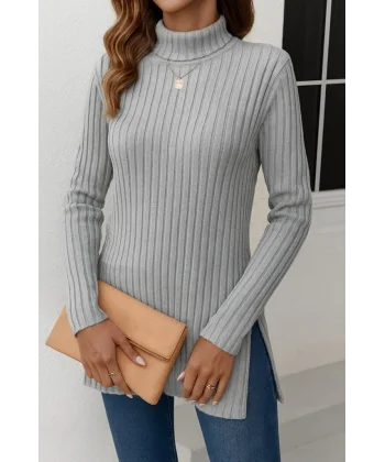 Kadın Uzun Kollu Balıkçı Yaka Yandan Yırtmaçlı şardonlu Kaşkorse Bluz