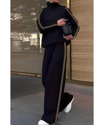 Kadın Uzun Kollu Balıkçı Yaka Yanlardan şerit Detaylı şardonlu Dalgıç Ve Pantolon Ikili Takım