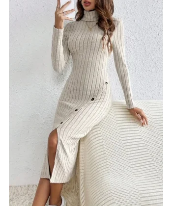 Kadın Uzun Kollu Balıkçı Yaka Yırtmaçlı Düğmeli şardonlu Kaşkorse Elbise