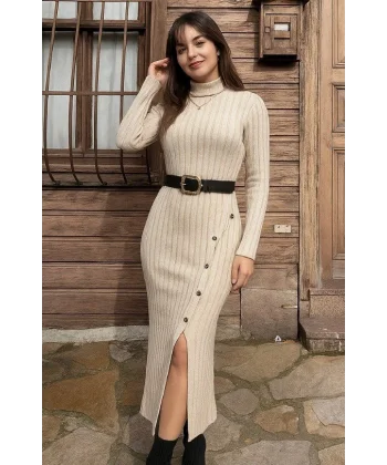 Kadın Uzun Kollu Balıkçı Yaka Yırtmaçlı Düğmeli şardonlu Kaşkorse Elbise