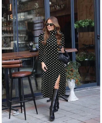 Kadın Uzun Kollu Balıkçı Yaka Yırtmaçlı Krep Elbise