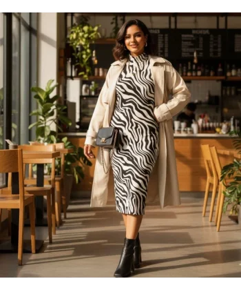 Kadın Uzun Kollu Balıkçı Yaka Zebra Detay Midi Boy Elbise