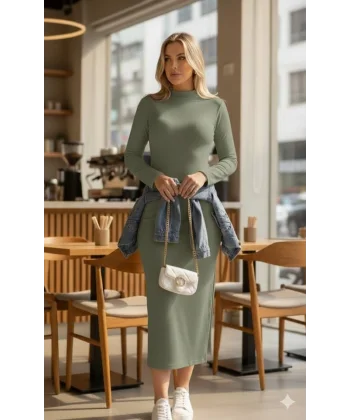 Kadın Uzun Kollu Balıkçı Yakalı Yanlardan Yırtmaçlı Kaşkorse Maxi Elbise