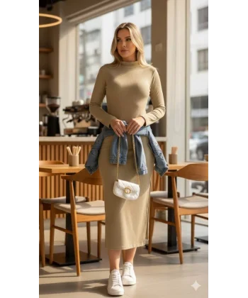 Kadın Uzun Kollu Balıkçı Yakalı Yanlardan Yırtmaçlı Kaşkorse Maxi Elbise