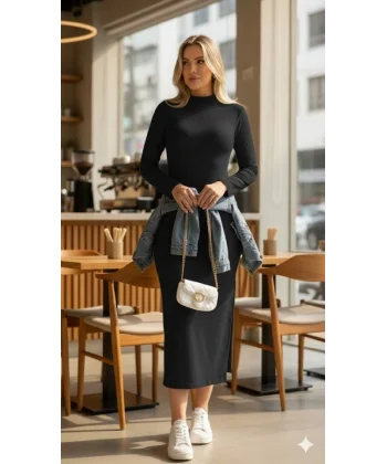 Kadın Uzun Kollu Balıkçı Yakalı Yanlardan Yırtmaçlı Kaşkorse Maxi Elbise