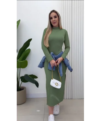 Kadın Uzun Kollu Balıkçı Yakalı Yanlardan Yırtmaçlı Kaşkorse Maxi Elbise