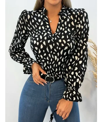 Kadın Uzun Kollu Baskılı Hakim Yaka Helen Kumaş Bluz