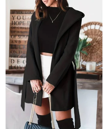 Kadın Uzun Kollu Belden Kuşaklı Kapşonlu Kısa Kaşe Kaban