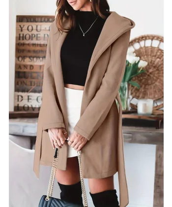 Kadın Uzun Kollu Belden Kuşaklı Kapşonlu Kısa Kaşe Kaban