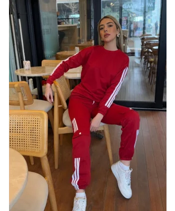 Kadın Uzun Kollu Beyaz şerit Detay Kargo Cep Iki Iplik Ikili Takım