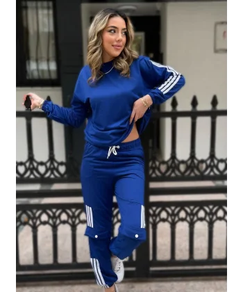 Kadın Uzun Kollu Beyaz şerit Detay Kargo Cep Iki Iplik Ikili Takım