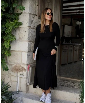 Kadın Uzun Kollu Bisiklet Yaka Arkası çapraz Detaylı Viskon Iki Iplik Maxi Elbise