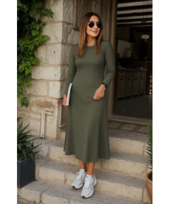 Kadın Uzun Kollu Bisiklet Yaka Arkası çapraz Detaylı Viskon Iki Iplik Maxi Elbise