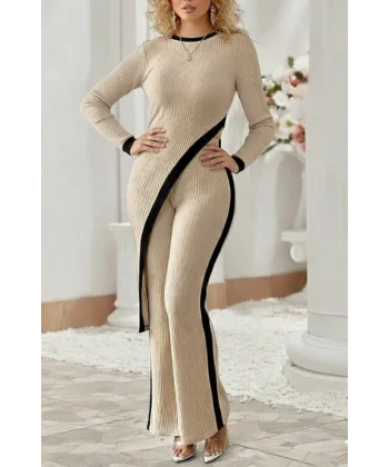 Kadın Uzun Kollu Bisiklet Yaka Asimetrik Kesim Bluz şardonlu Kaşkorse Bluz Ve Pantolon Ikili Takım