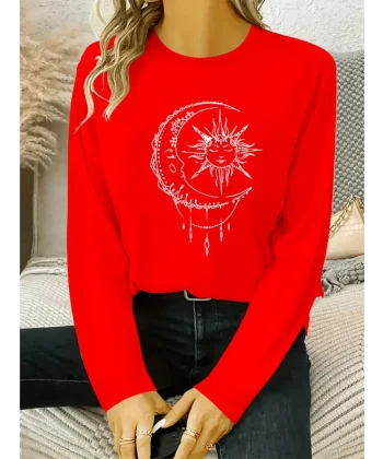 Kadın Uzun Kollu Bisiklet Yaka Ay Baskılı Viskon Bluz