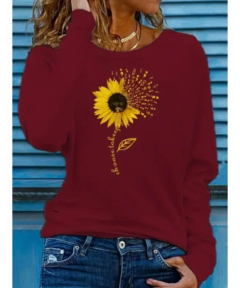 Kadın Uzun Kollu Bisiklet Yaka Ayçiçeği Desenli Viskon Bluz