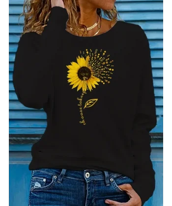 Kadın Uzun Kollu Bisiklet Yaka Ayçiçeği Desenli Viskon Bluz