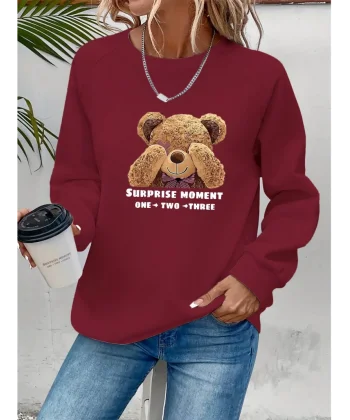 Kadın Uzun Kollu Bisiklet Yaka Ayıcık Desenli Viskon Iki Iplik Bluz