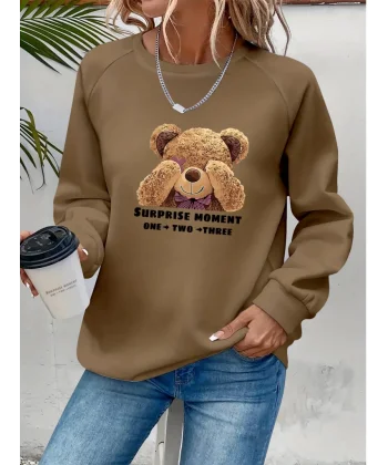 Kadın Uzun Kollu Bisiklet Yaka Ayıcık Desenli Viskon Iki Iplik Bluz