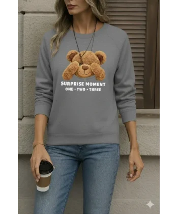 Kadın Uzun Kollu Bisiklet Yaka Ayıcık Desenli Viskon Iki Iplik Bluz