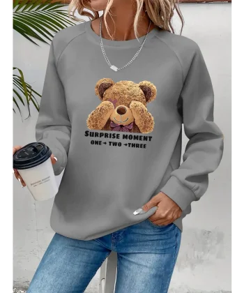 Kadın Uzun Kollu Bisiklet Yaka Ayıcık Desenli Viskon Iki Iplik Bluz