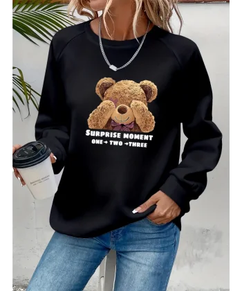 Kadın Uzun Kollu Bisiklet Yaka Ayıcık Desenli Viskon Iki Iplik Bluz