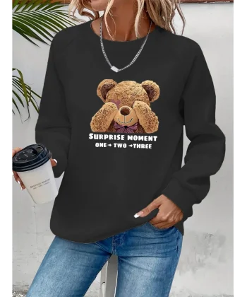 Kadın Uzun Kollu Bisiklet Yaka Ayıcık Desenli Viskon Iki Iplik Bluz