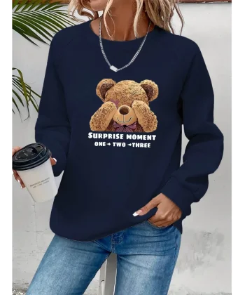 Kadın Uzun Kollu Bisiklet Yaka Ayıcık Desenli Viskon Iki Iplik Bluz