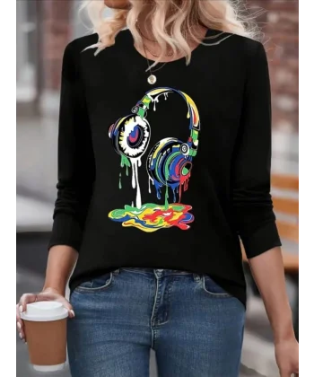 Kadın Uzun Kollu Bisiklet Yaka Baskılı Iki Iplik Bluz