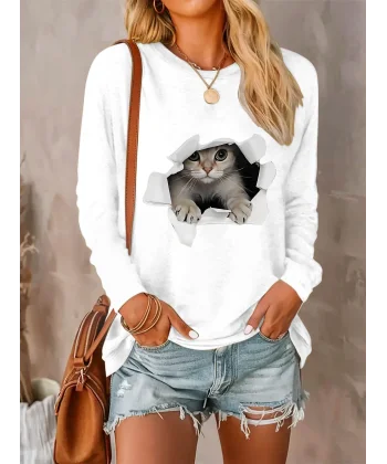 Kadın Uzun Kollu Bisiklet Yaka Baskılı Viskon Bluz