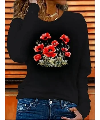 Kadın Uzun Kollu Bisiklet Yaka Baskılı Viskon Bluz