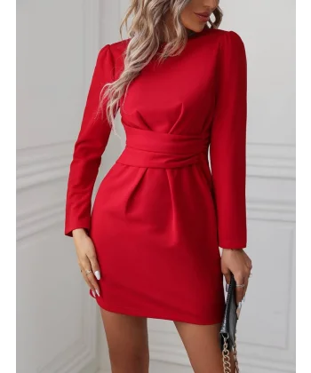 Kadın Uzun Kollu Bisiklet Yaka Bel Kemer Detay Ithal Krep Elbise