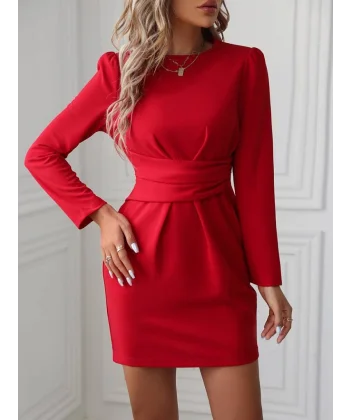 Kadın Uzun Kollu Bisiklet Yaka Bel Kemer Detay Ithal Krep Elbise