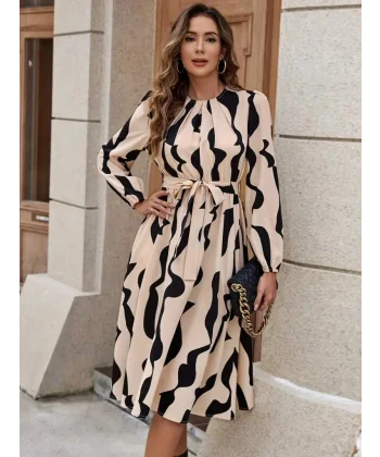 Kadın Uzun Kollu Bisiklet Yaka Belden Bağlamalı Desenli Belden Kuşaklı Mikro Süprem Midi Elbise