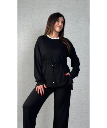 Kadın Uzun Kollu Bisiklet Yaka Belden Büzgülü Bağcıklı Viskon Iki Iplik Bluz Ve Pantolon Ikili Takım